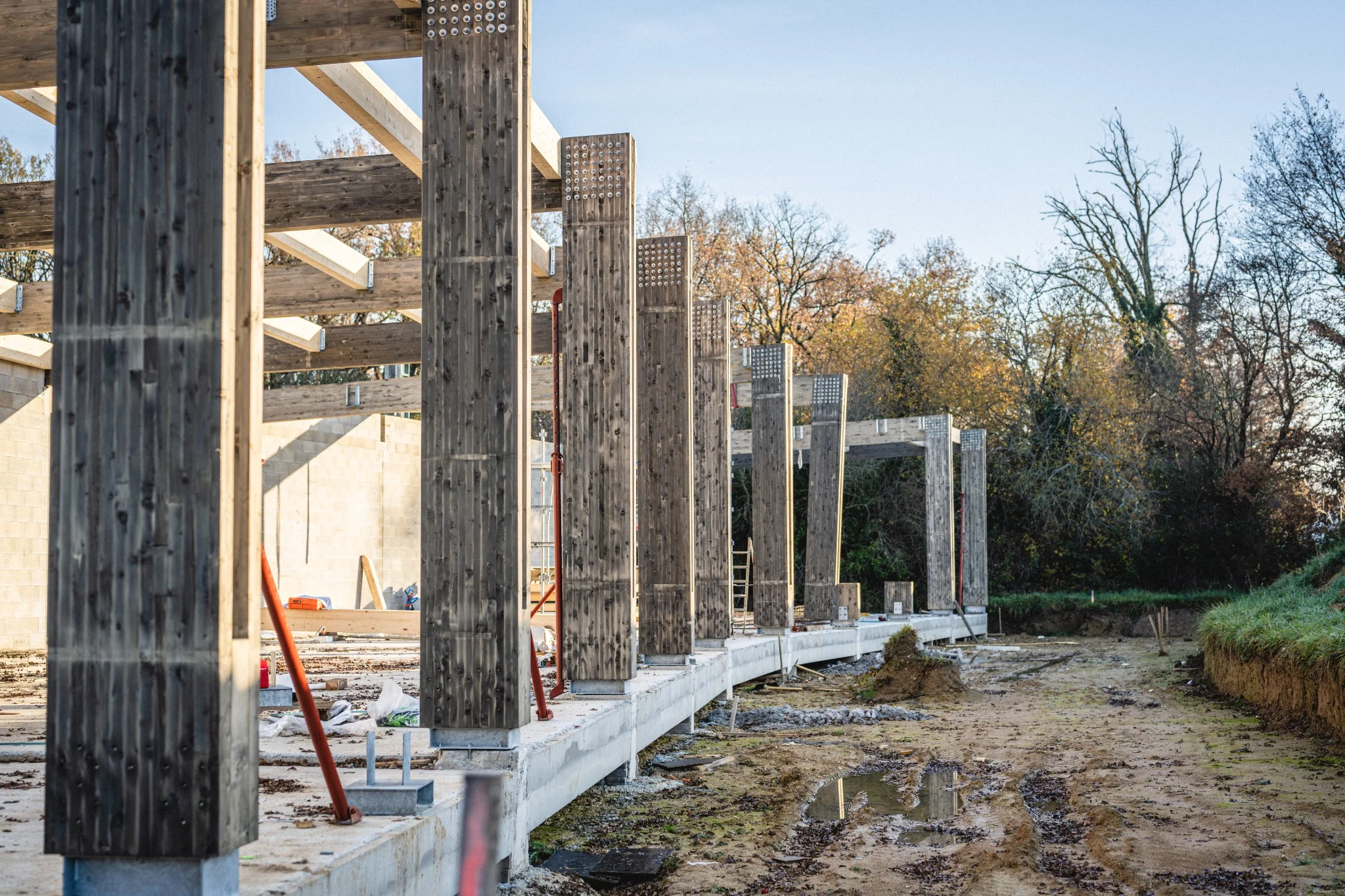 chantier-cabanel-alignement-poteaux-bois-lamelle-colle